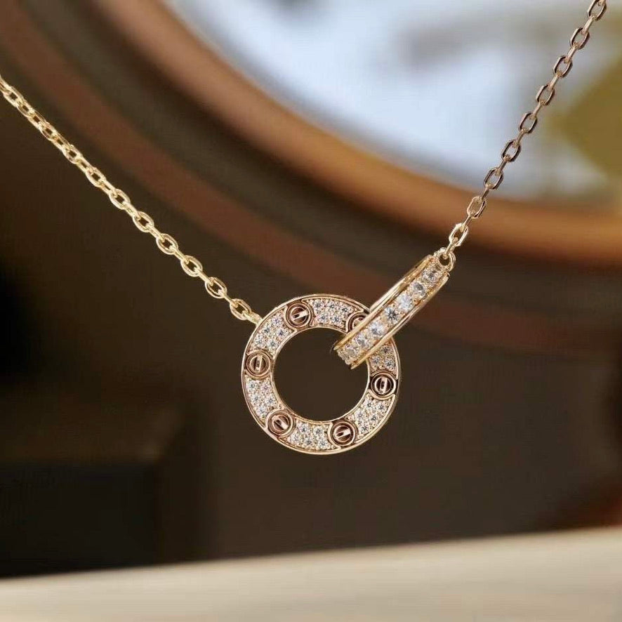 [⭐JeweliWhal]LOVE 7.6MM NECKLACE ROSE GOLD AND SILVER  FULL DIAMOND