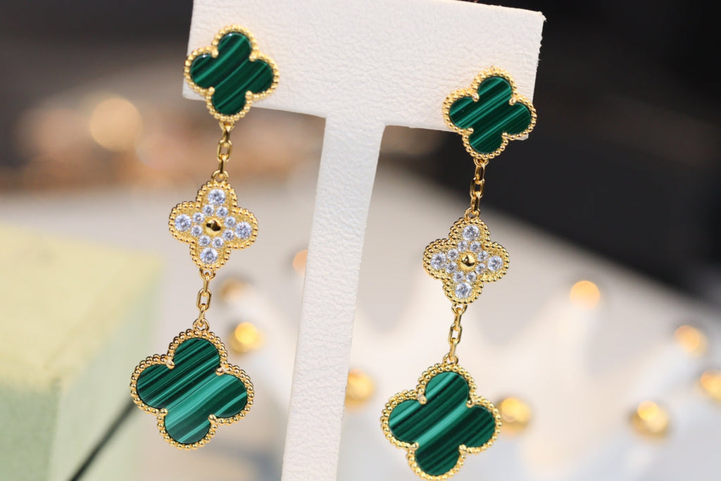 [⭐JeweliWhal]CLOVER EARRINGS GOLD MALACHITE DIAMOND 3 MOTIF