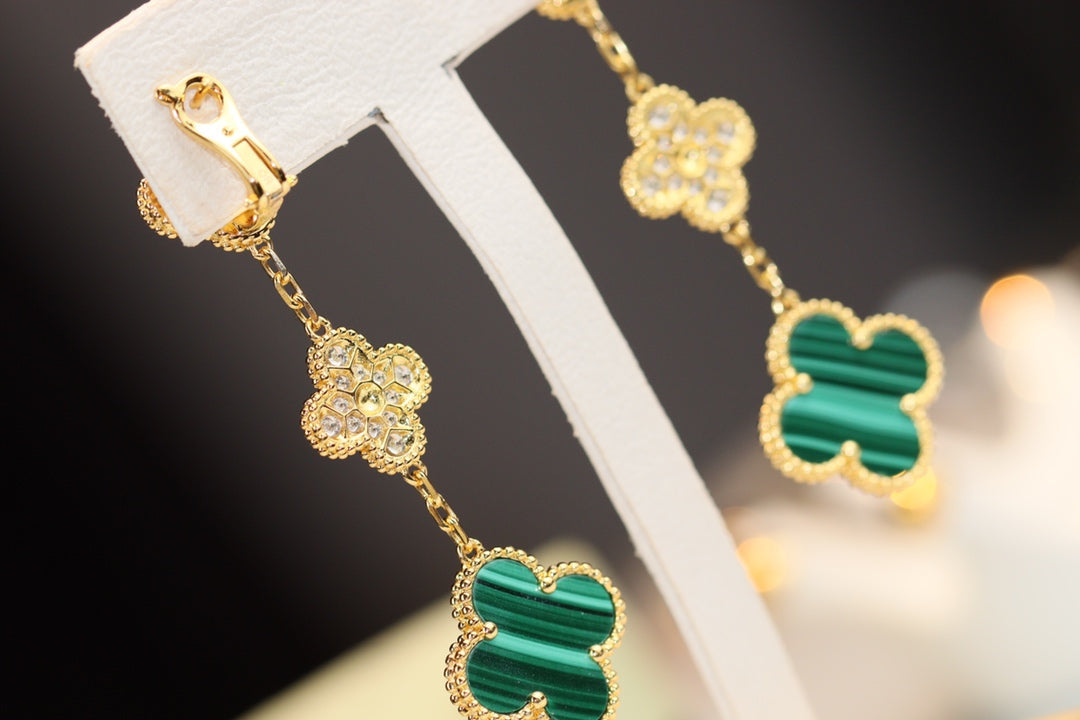[⭐JeweliWhal]CLOVER EARRINGS GOLD MALACHITE DIAMOND 3 MOTIF
