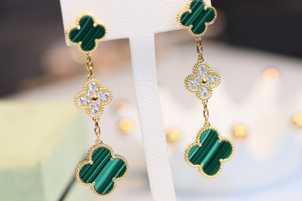[⭐JeweliWhal]CLOVER EARRINGS GOLD MALACHITE DIAMOND 3 MOTIF