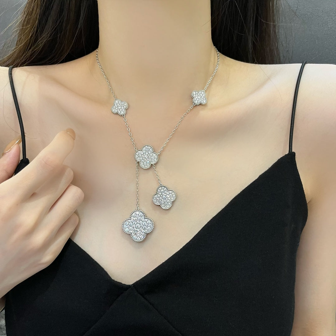 [⭐JeweliWhal]クローバー 5モチーフ シルバー ダイヤモンド ネックレス