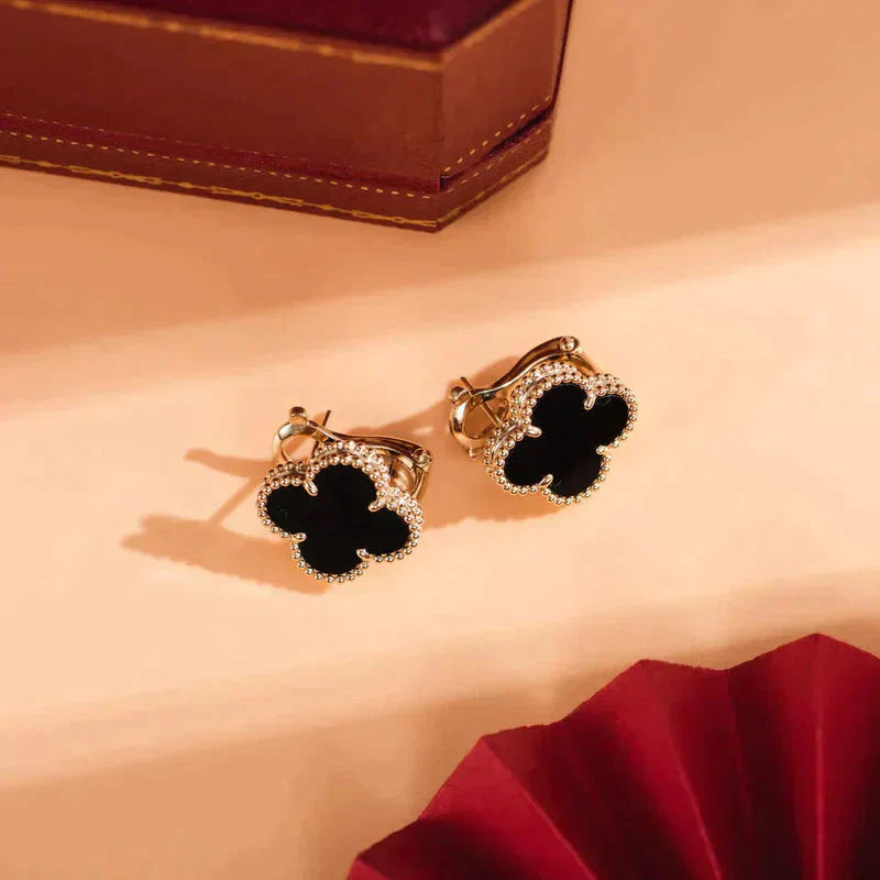 [⭐JeweliWhal]CLOVER MEDIUM 1 MOTIFS  ONYX STUD EARRINGS