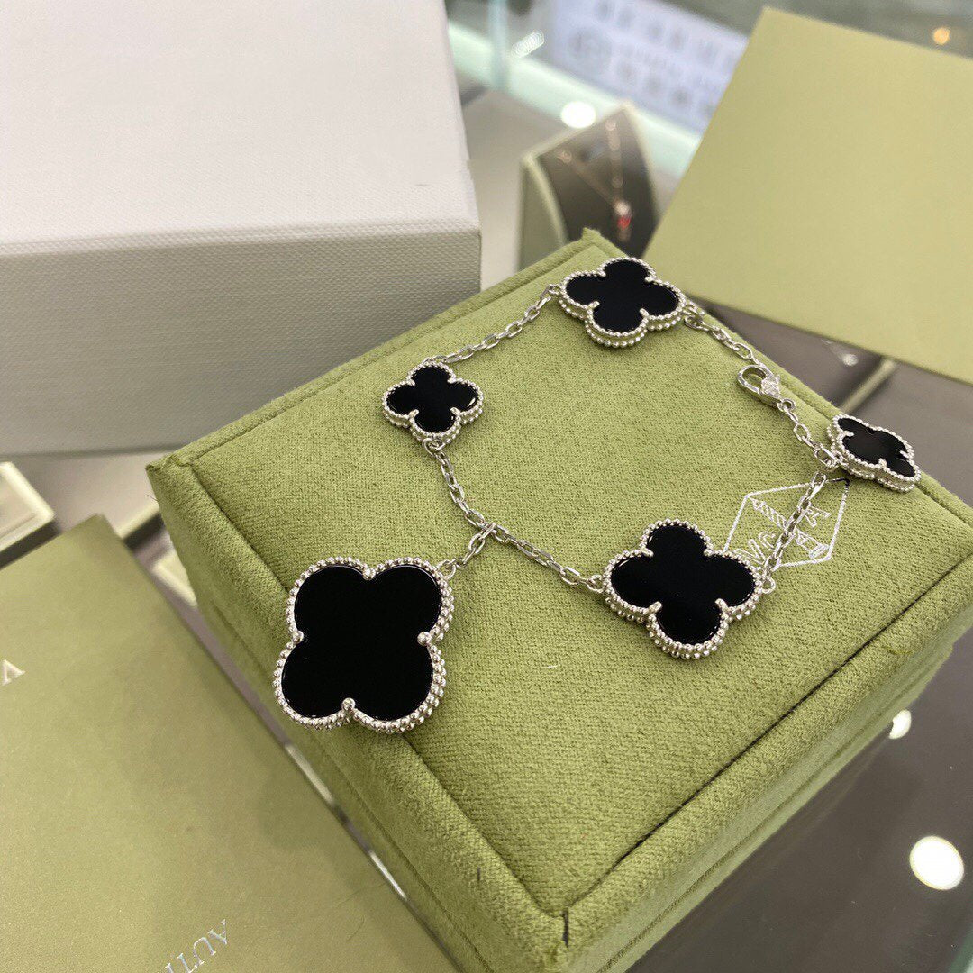 [⭐JeweliWhal]クローバー 5モチーフ シルバー オニキス ブレスレット
