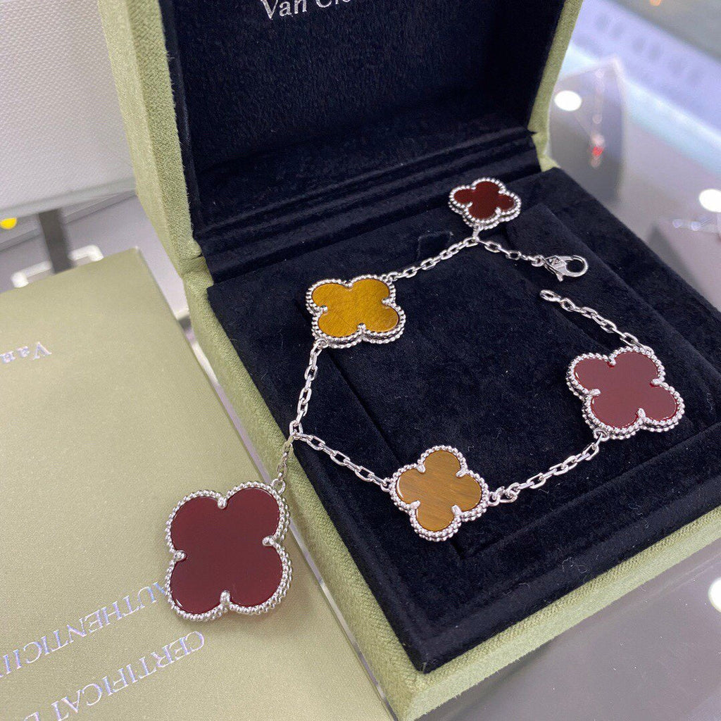 [⭐JeweliWhal]クローバー 5モチーフ シルバー カーネリアン タイガーアイ ブレスレット
