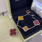 [⭐JeweliWhal]クローバー 5モチーフ シルバー カーネリアン タイガーアイ ブレスレット