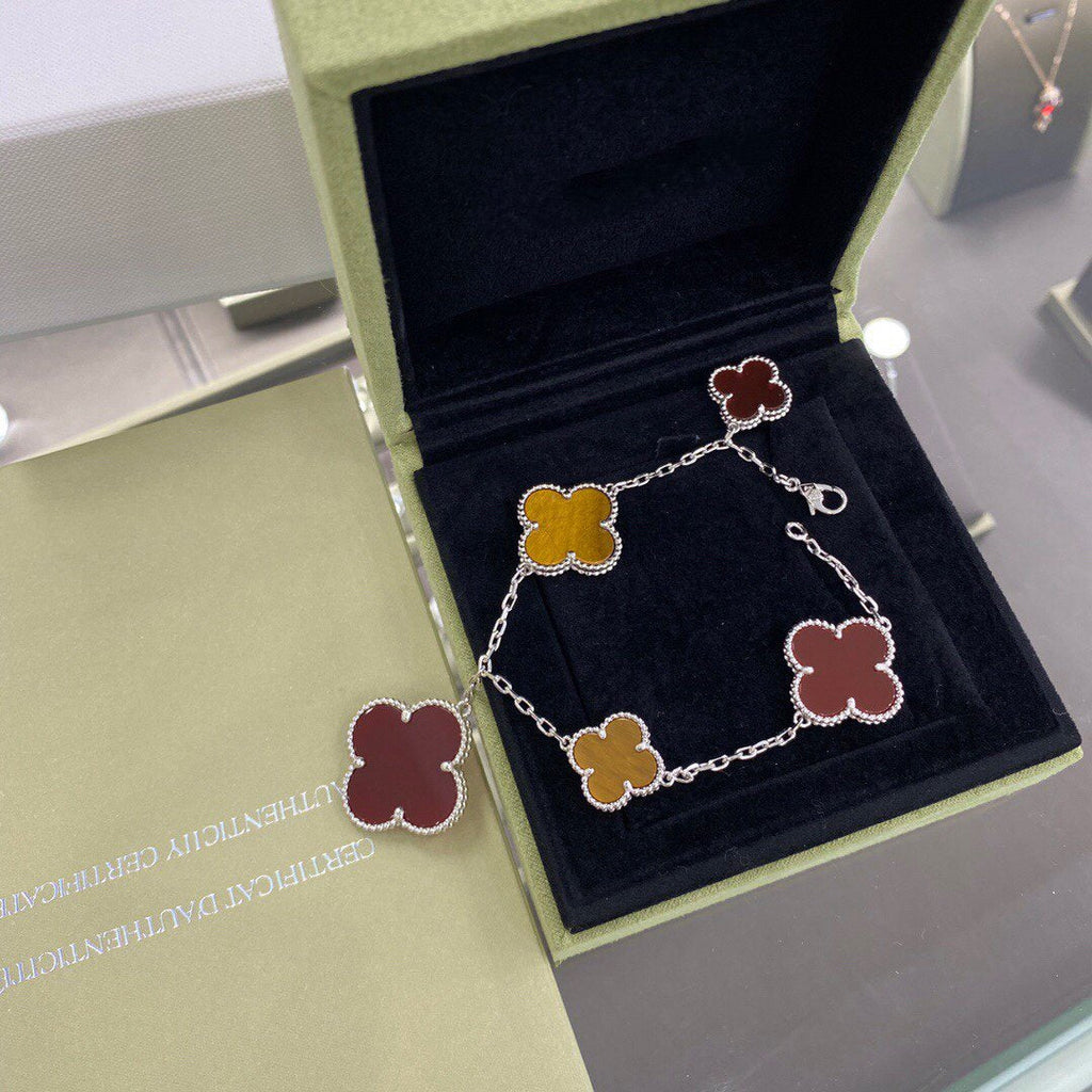 [⭐JeweliWhal]クローバー 5モチーフ シルバー カーネリアン タイガーアイ ブレスレット
