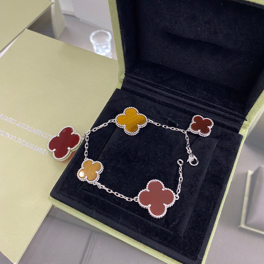 [⭐JeweliWhal]クローバー 5モチーフ シルバー カーネリアン タイガーアイ ブレスレット