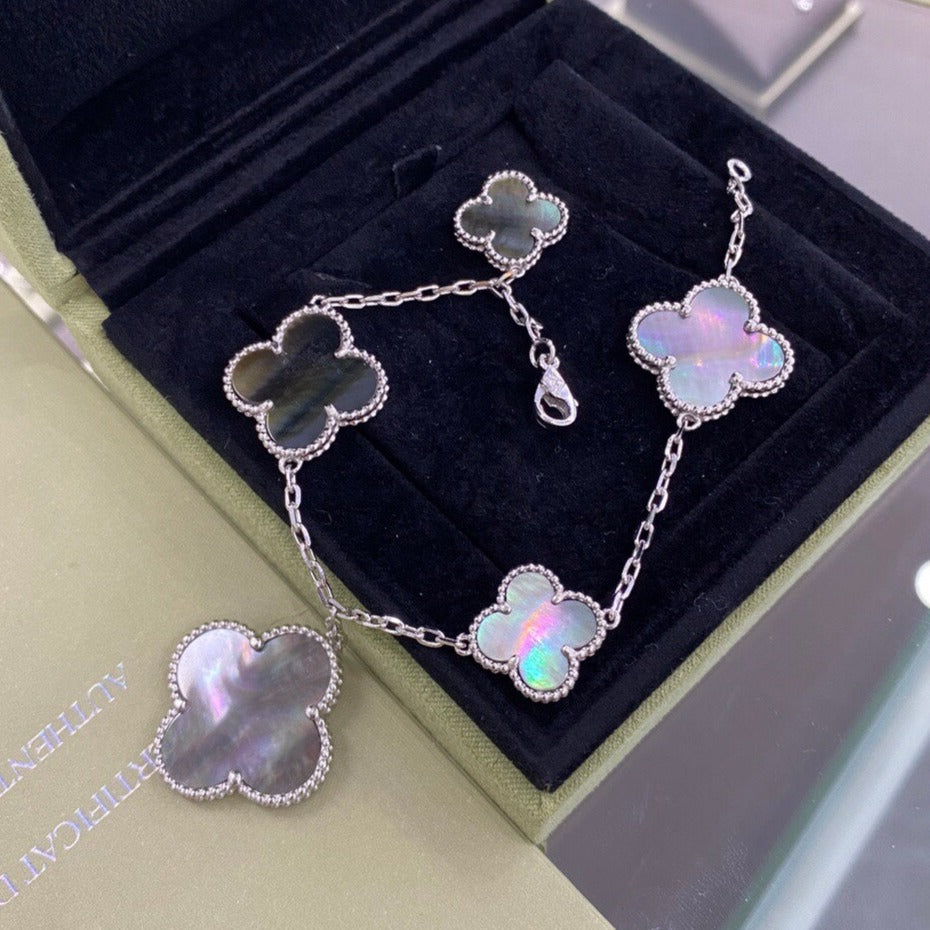 [⭐JeweliWhal]クローバー 5モチーフ シルバー ダークモップ ブレスレット