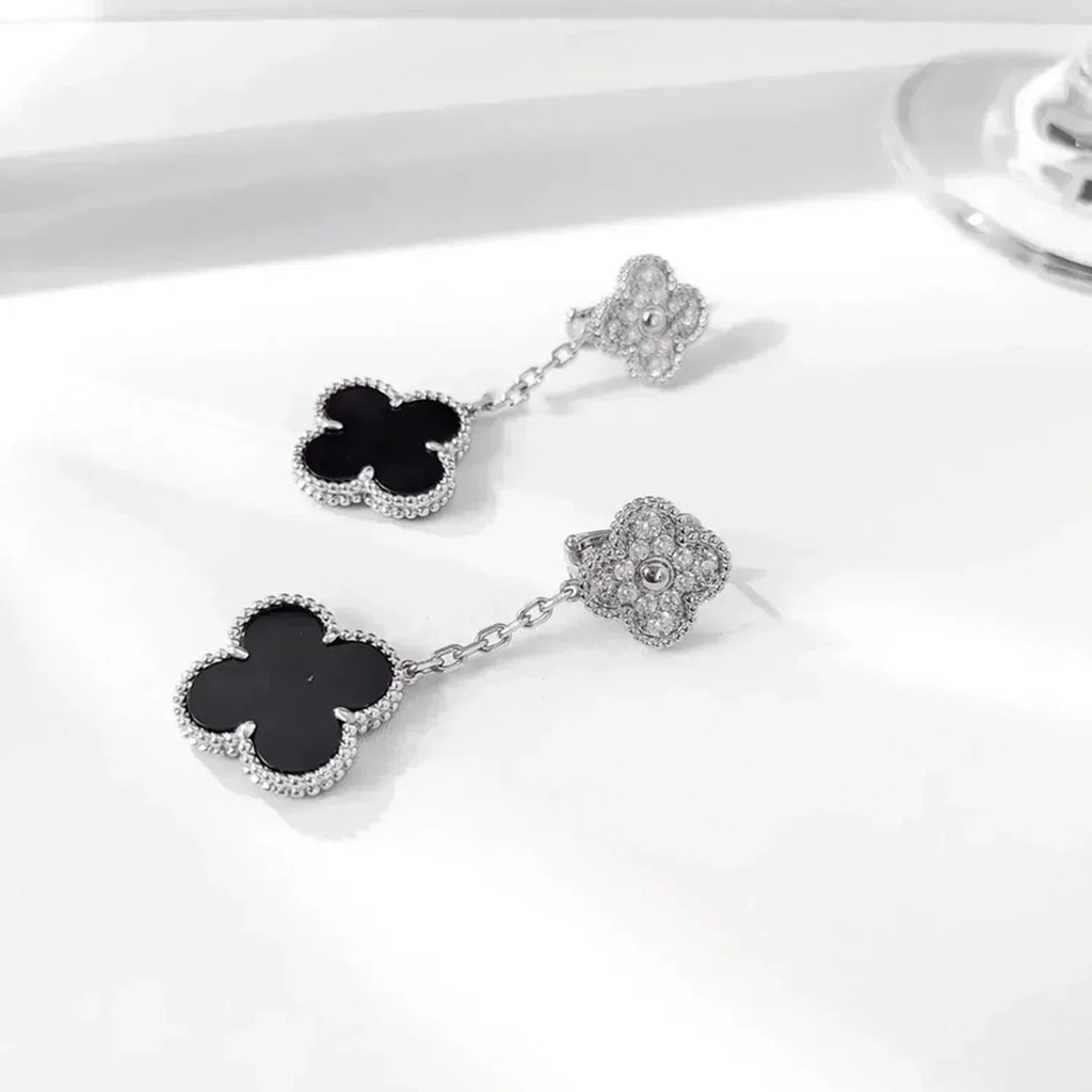 [⭐JeweliWhal]CLOVER 2 MOTIFS  DIAMOND ONYX EARRINGS SILVER