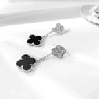 [⭐JeweliWhal]CLOVER 2 MOTIFS  DIAMOND ONYX EARRINGS SILVER