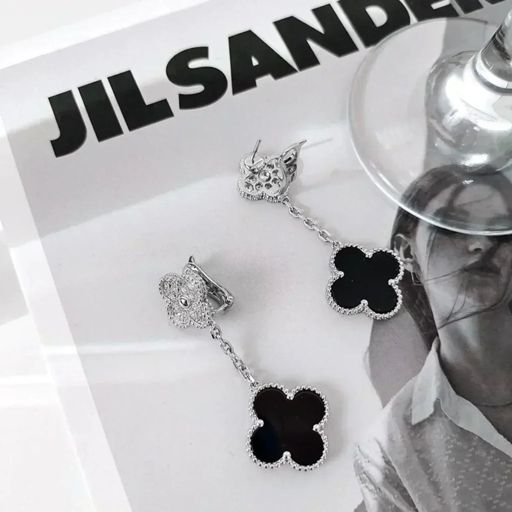 [⭐JeweliWhal]CLOVER 2 MOTIFS  DIAMOND ONYX EARRINGS SILVER