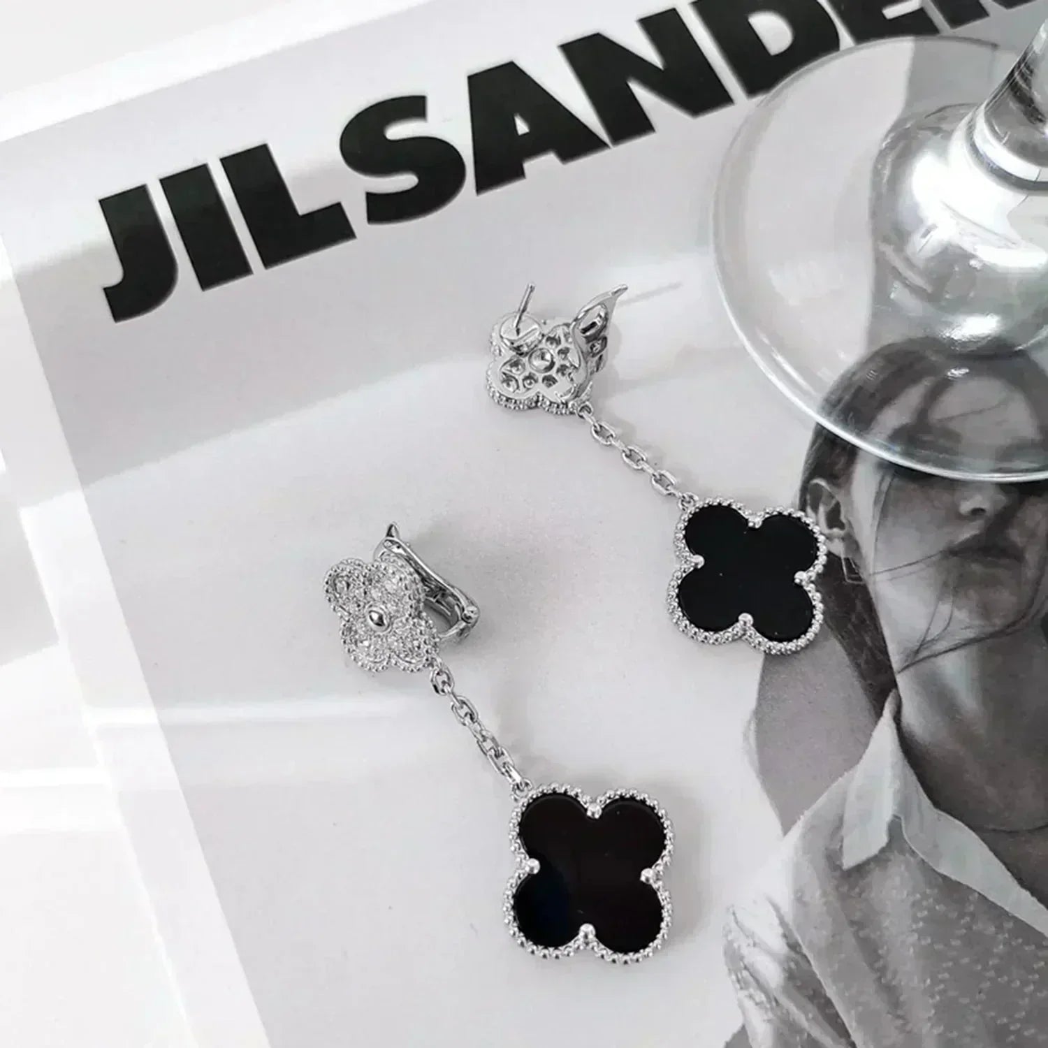 [⭐JeweliWhal]クローバー 2モチーフ ダイヤモンド オニキス イヤリング シルバー