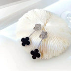 [⭐JeweliWhal]CLOVER 2 MOTIFS  DIAMOND ONYX EARRINGS SILVER