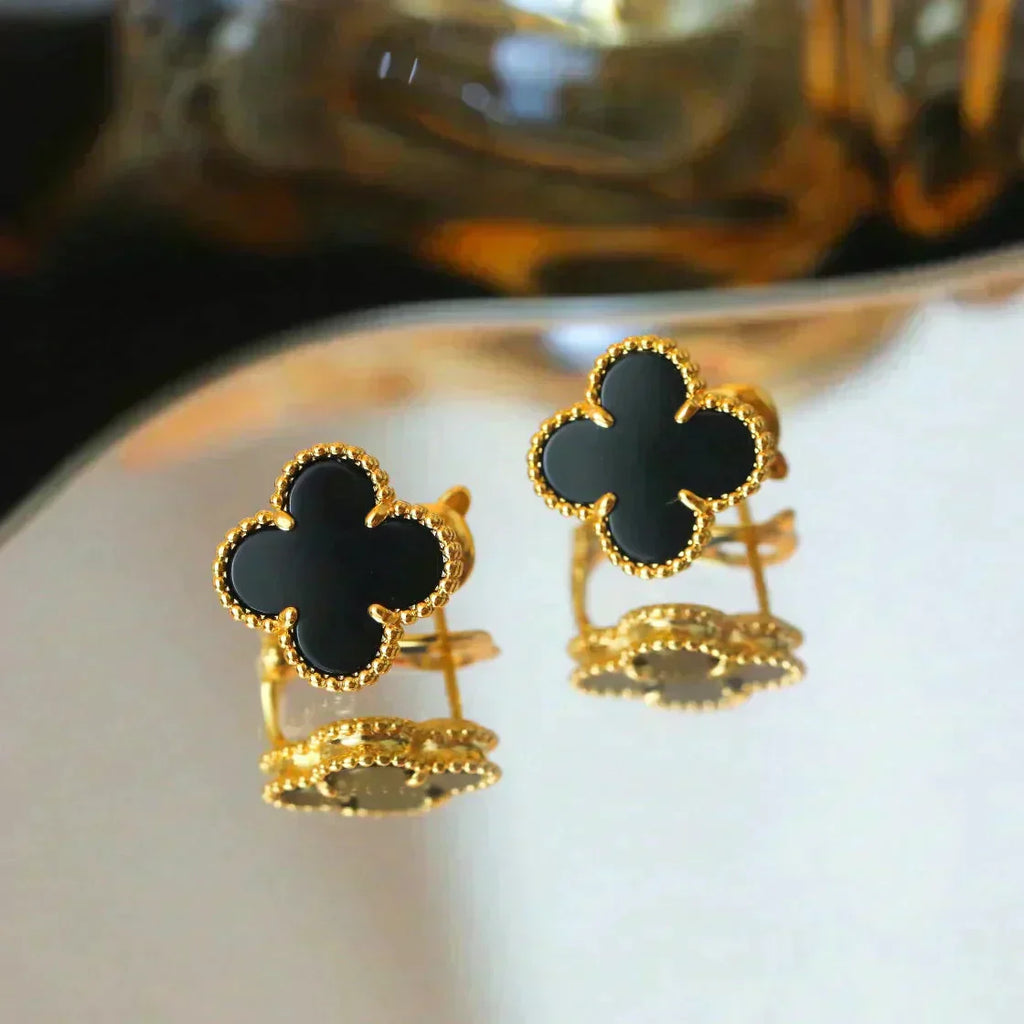 [⭐JeweliWhal]CLOVER MEDIUM 1 MOTIFS  ONYX STUD EARRINGS