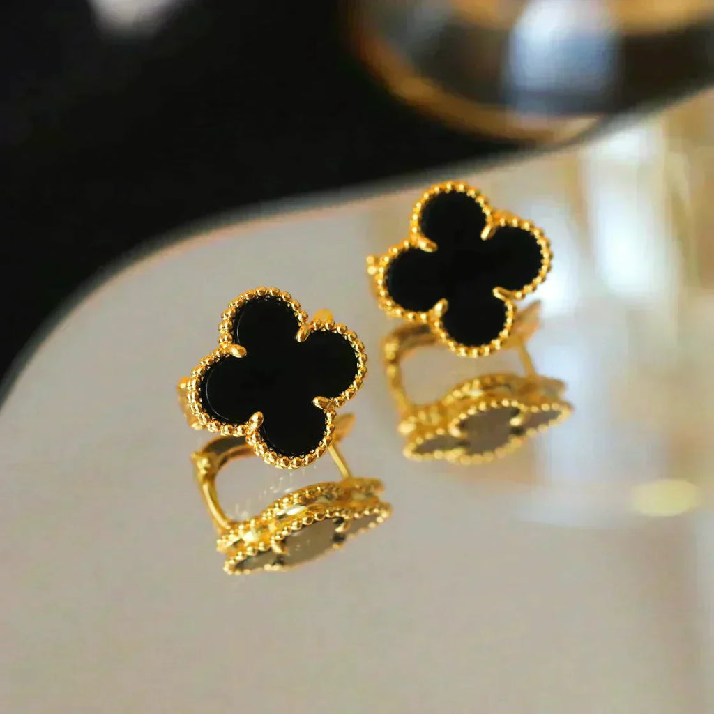 [⭐JeweliWhal]CLOVER MEDIUM 1 MOTIFS  ONYX STUD EARRINGS