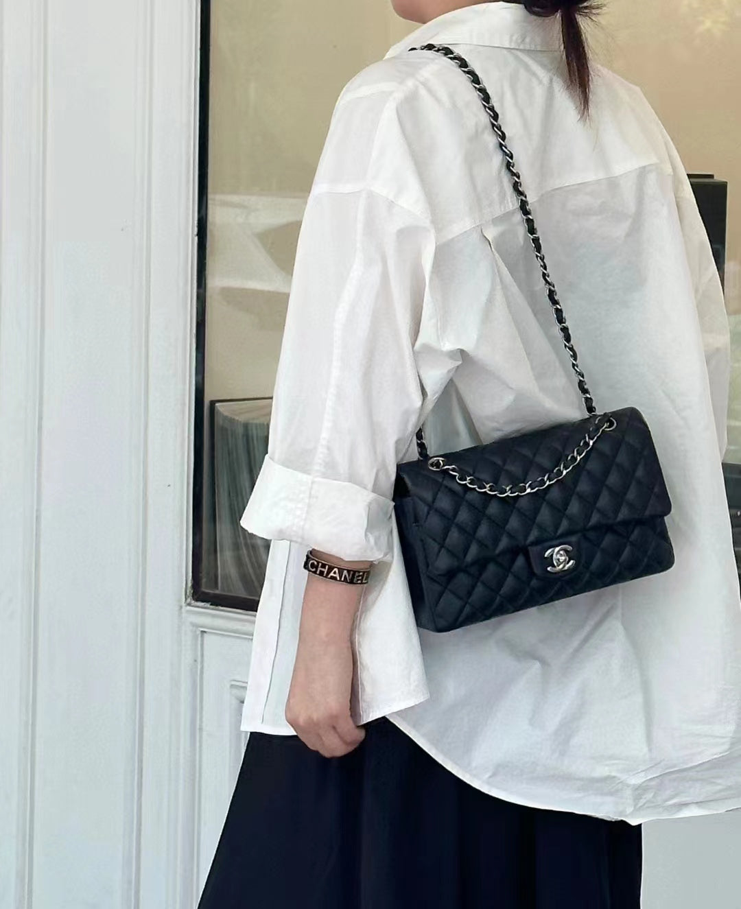 フラップバッグ 25cm シルバー金具 ブラックラムスキン