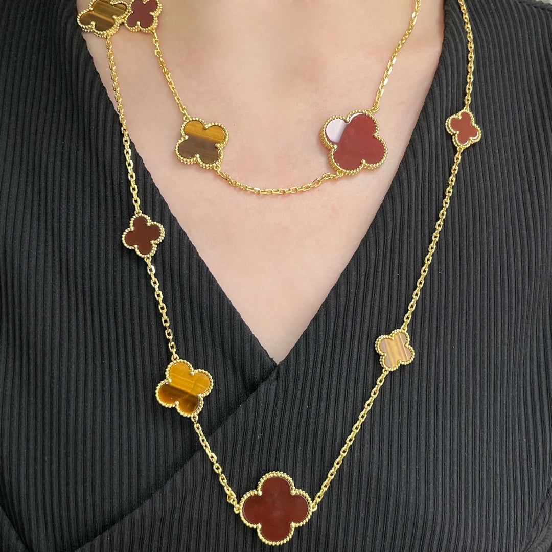 [⭐JeweliWhal]CLOVER 16 MOTIF CARNELIAN TIGER EYE ROSE GOLD NECKLACE