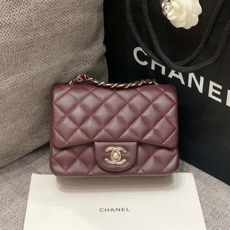 ミニスクエアフラップバッグ 17cm チョコレートキャビア シルバー金具