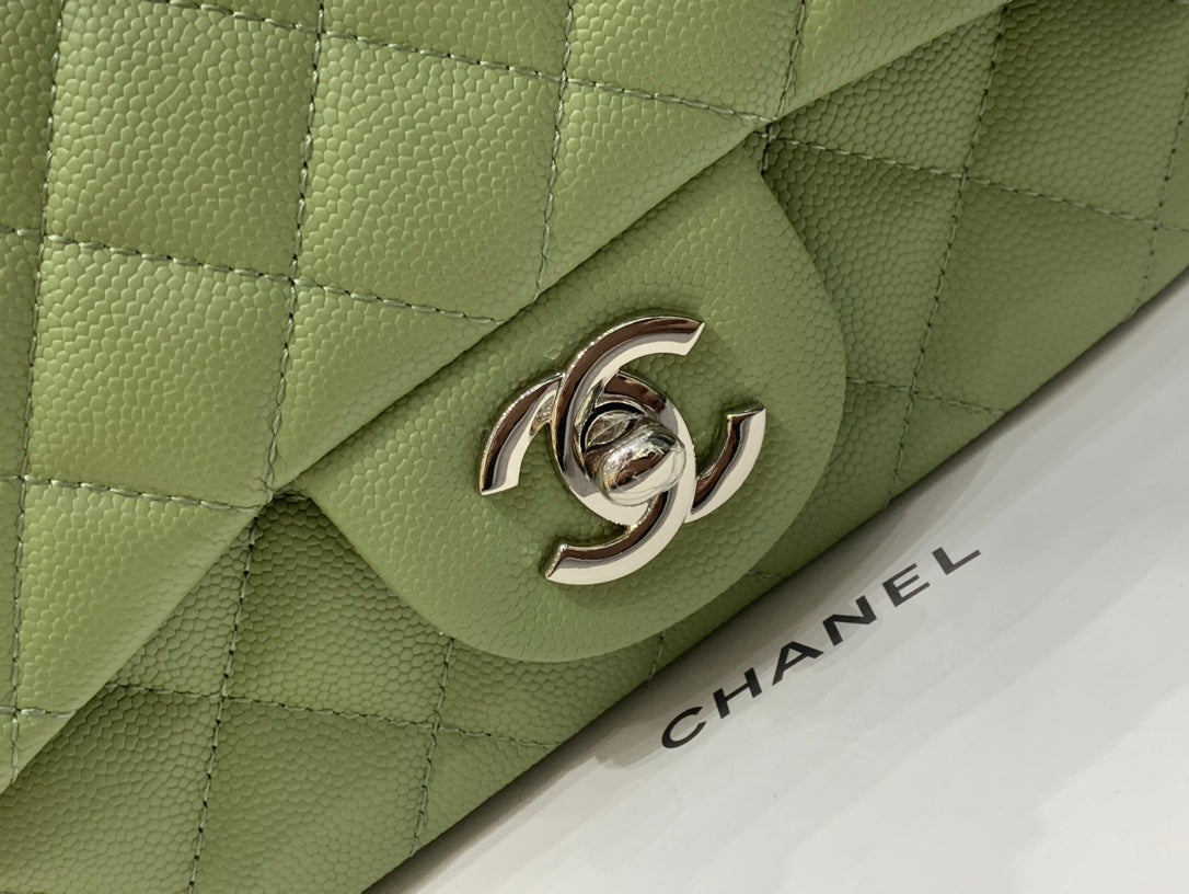 ミニスクエアフラップバッグ 17cm グリーンキャビア シルバー金具