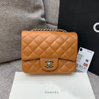 ミニスクエアフラップバッグ 17cm ブラウンキャビアシルバー金具