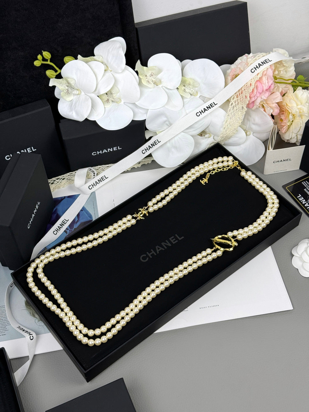 [⭐JeweliWhal]25K ペンシル ダブルC ダブルレイヤー パール セーターチェーン