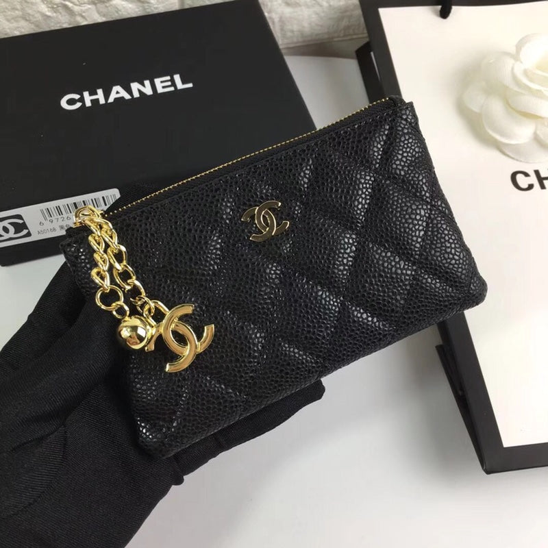 CC クラシック スモール ジップポーチ 15 ブラック カーフスキン ゴールドアイコン