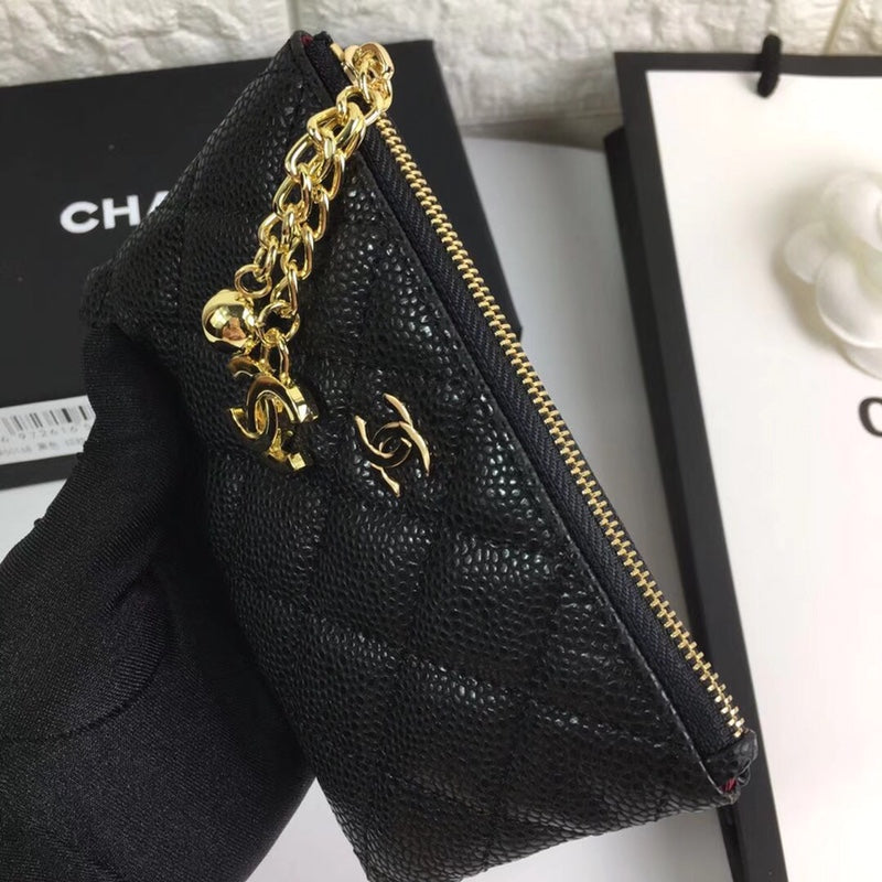 CC クラシック スモール ジップポーチ 15 ブラック カーフスキン ゴールドアイコン