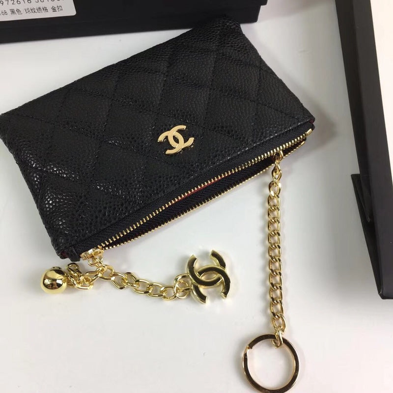 CC クラシック スモール ジップポーチ 15 ブラック カーフスキン ゴールドアイコン