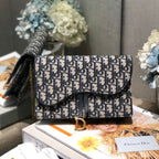 CD Saddle Pouch With Chain Blue Obique Embroidery