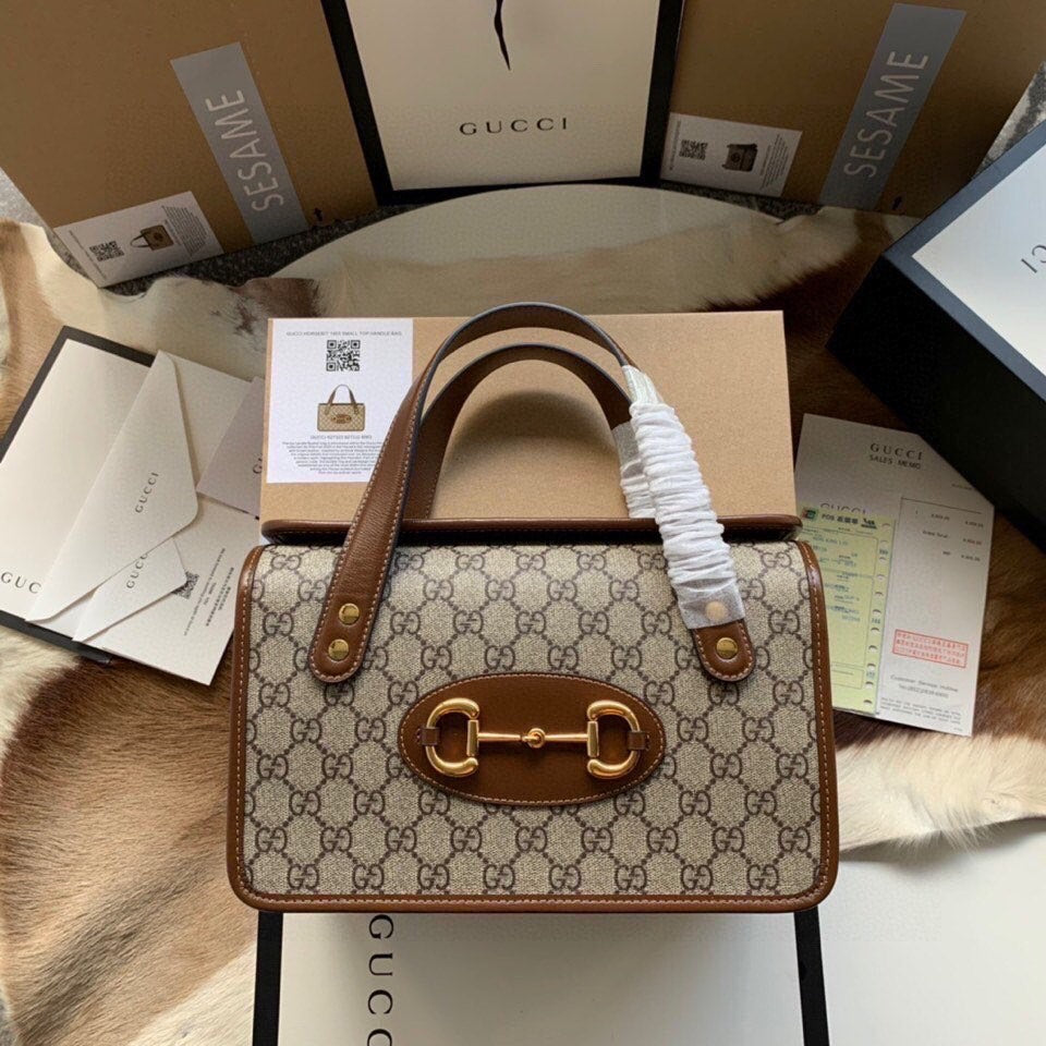 GGホースビット 1955 スモール 27 バッグ（ベージュ キャンバス＆ブラウン カーフスキン）