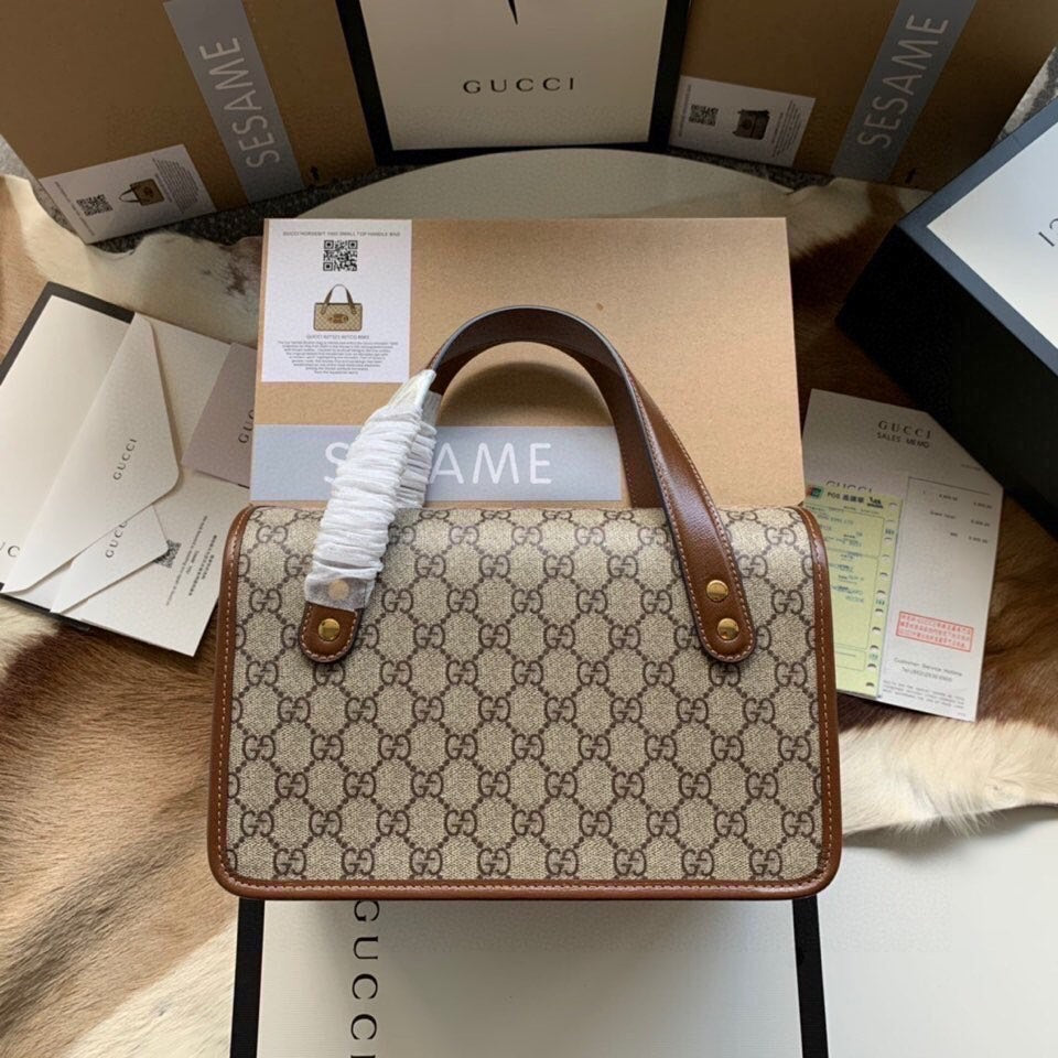 GGホースビット 1955 スモール 27 バッグ（ベージュ キャンバス＆ブラウン カーフスキン）