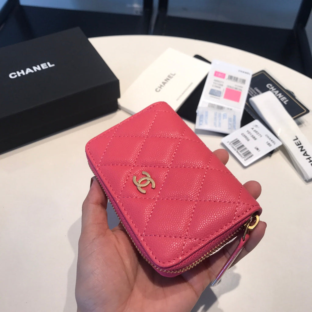 CC ジップ付きコイン ベーシック パース 11 レッド ピンク カーフスキン ゴールド アイコン