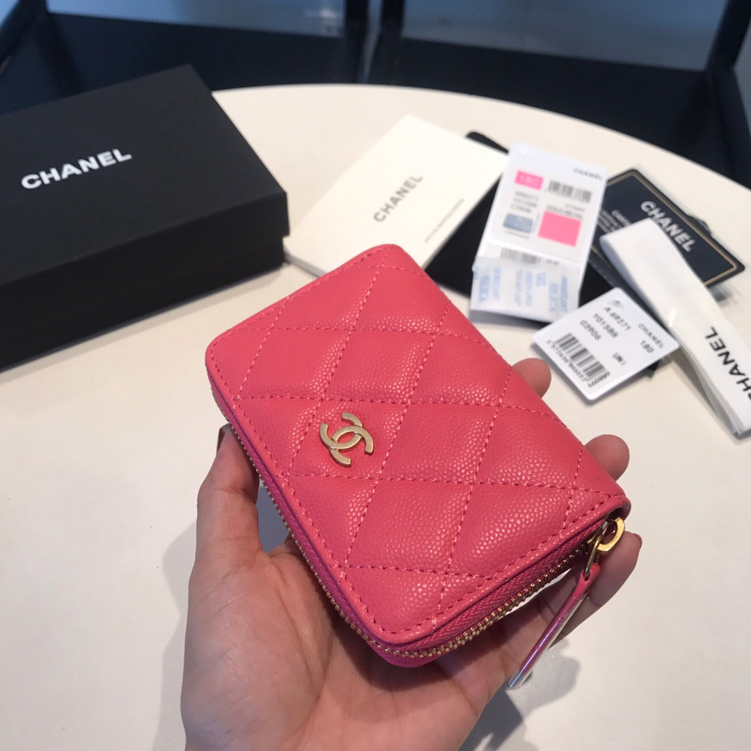 CC ジップ付きコイン ベーシック パース 11 レッド ピンク カーフスキン ゴールド アイコン
