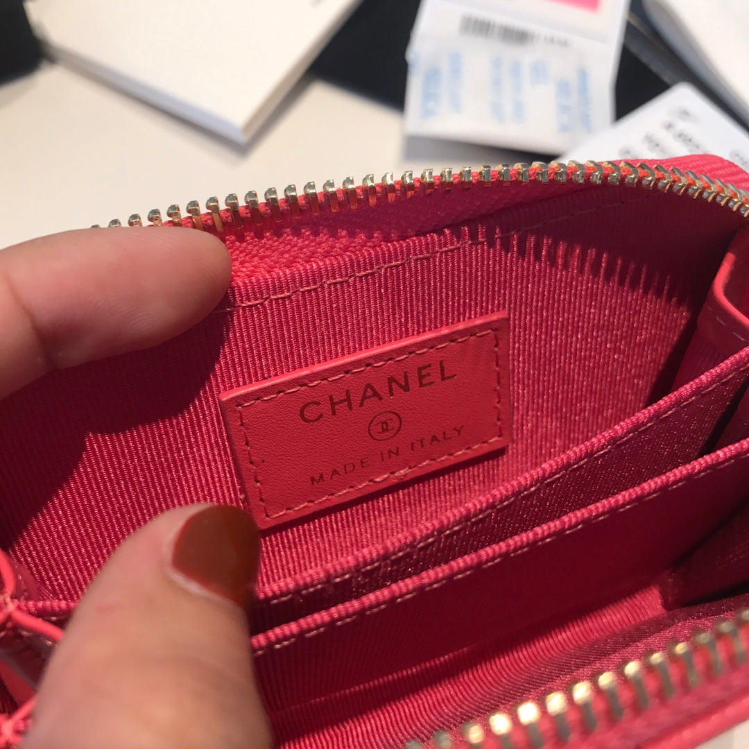 CC ジップ付きコイン ベーシック パース 11 レッド ピンク カーフスキン ゴールド アイコン