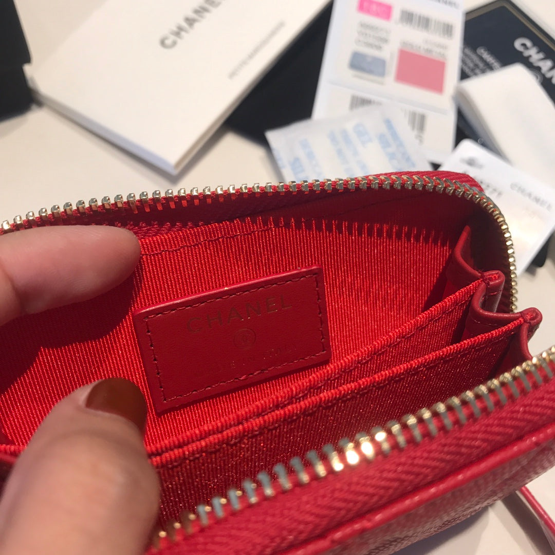 CC ジップ付きコイン ベーシック パース 11 レッド カーフスキン ゴールドアイコン