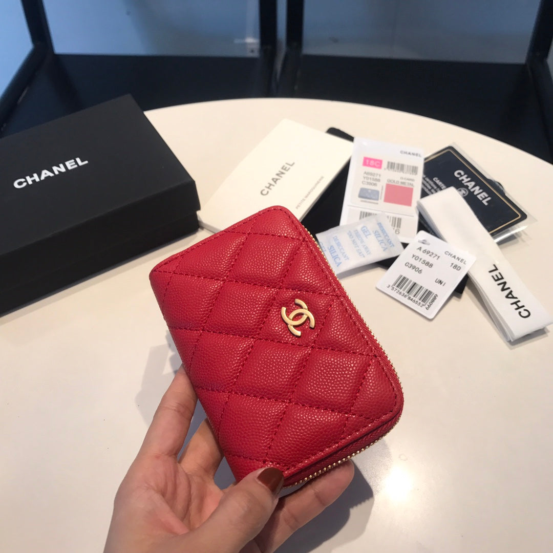 CC ジップ付きコイン ベーシック パース 11 レッド カーフスキン ゴールドアイコン