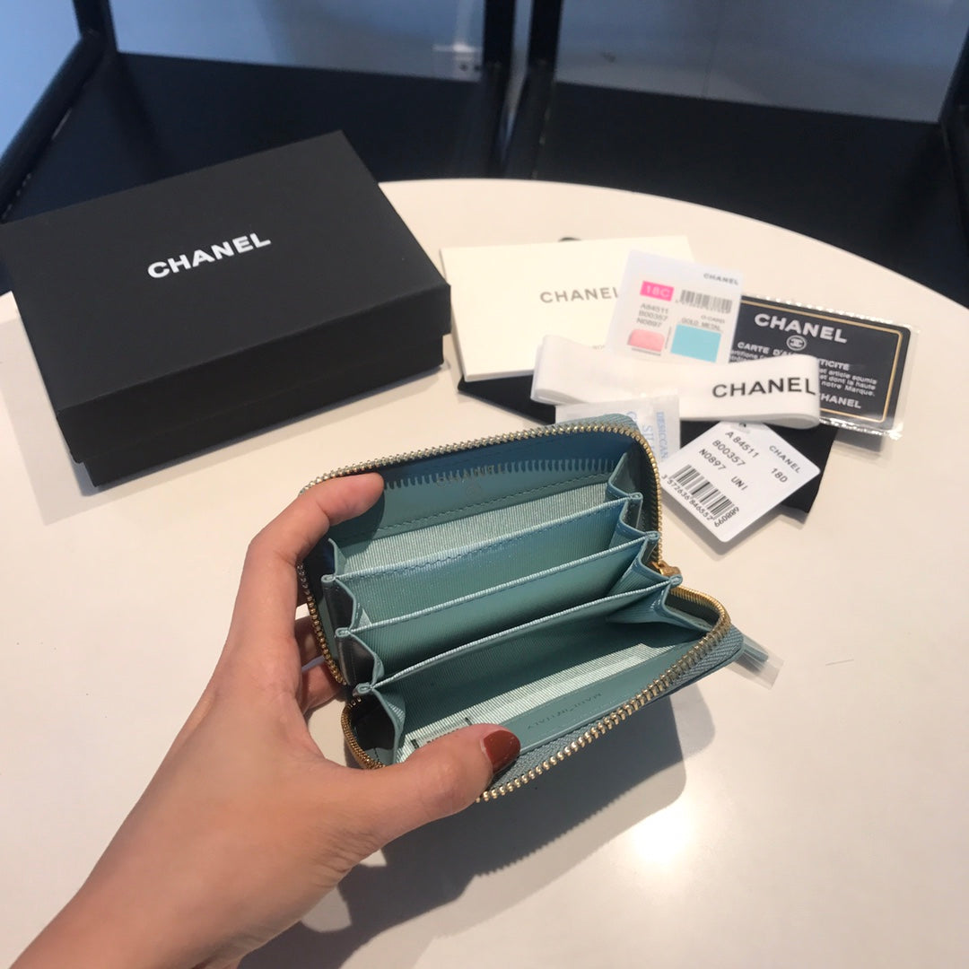 CC ジップキャビアパース 11 ティール カーフスキン ゴールドアイコン