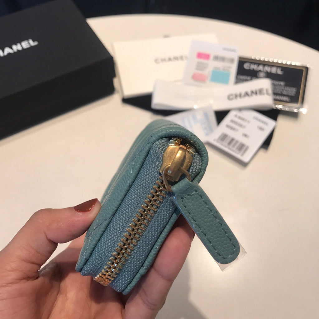 CC ジップキャビアパース 11 ティール カーフスキン ゴールドアイコン