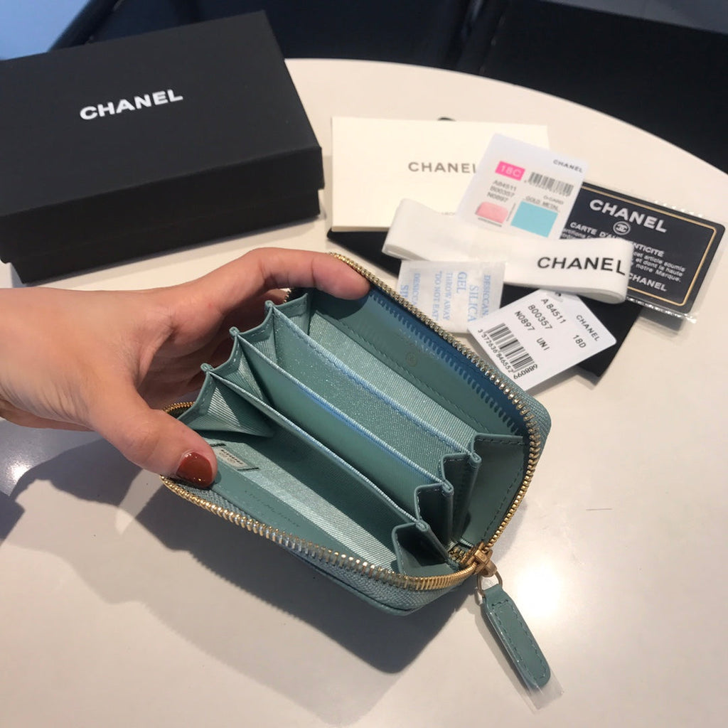 CC ジップキャビアパース 11 ティール カーフスキン ゴールドアイコン