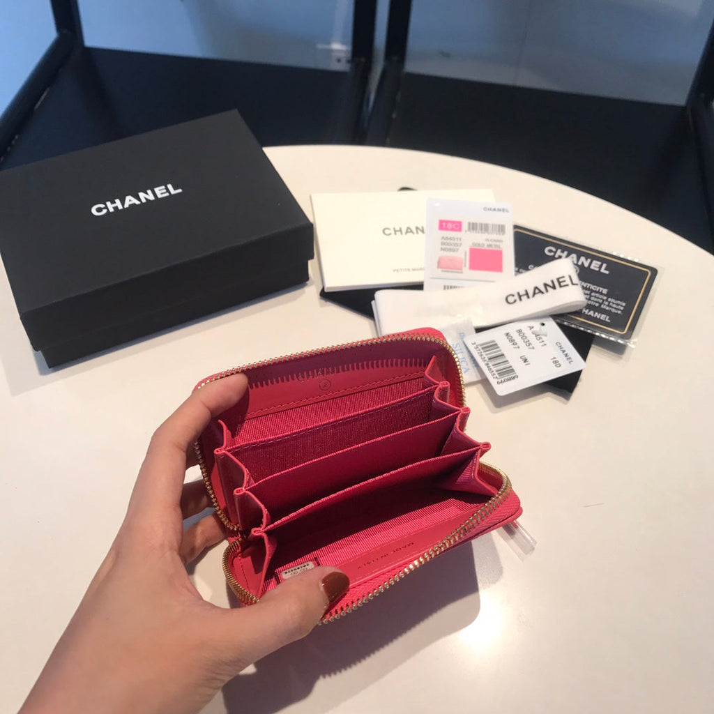 CC ジップキャビアパース 11 レッド ピンク カーフスキン ゴールド アイコン