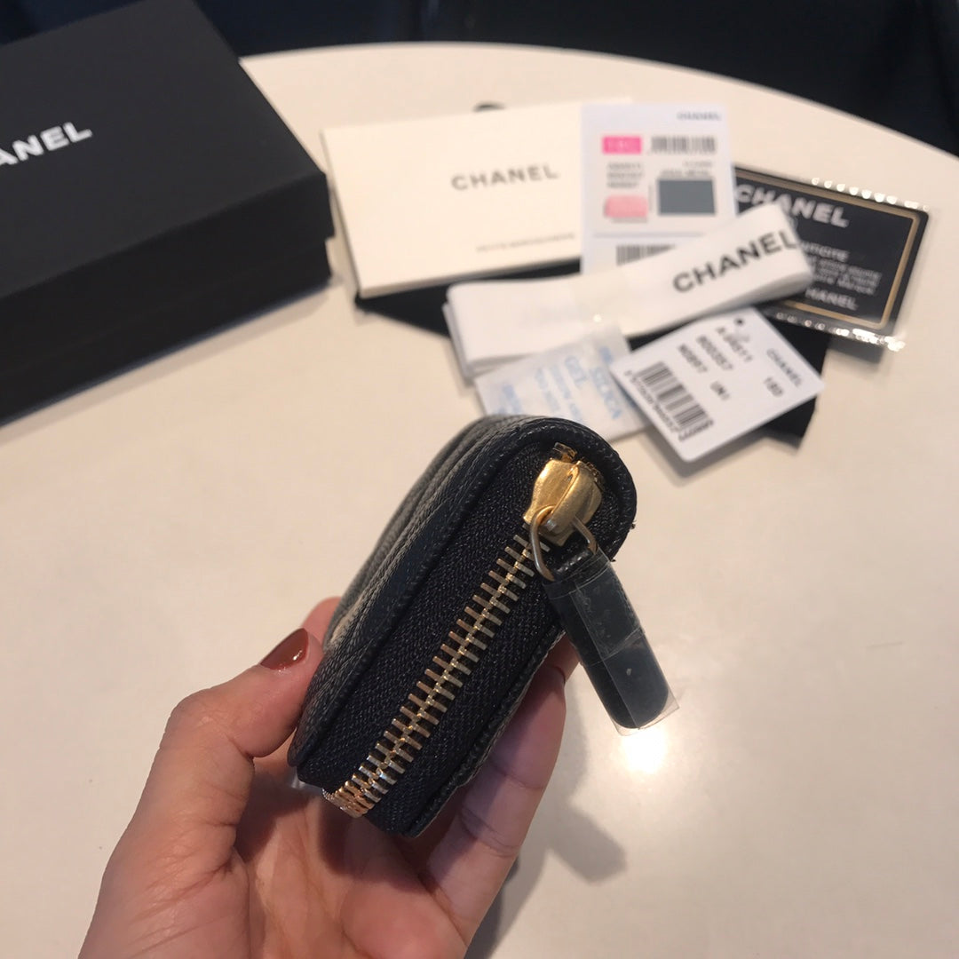 CC ジップキャビアパース 11 ブラック カーフスキン ゴールドアイコン