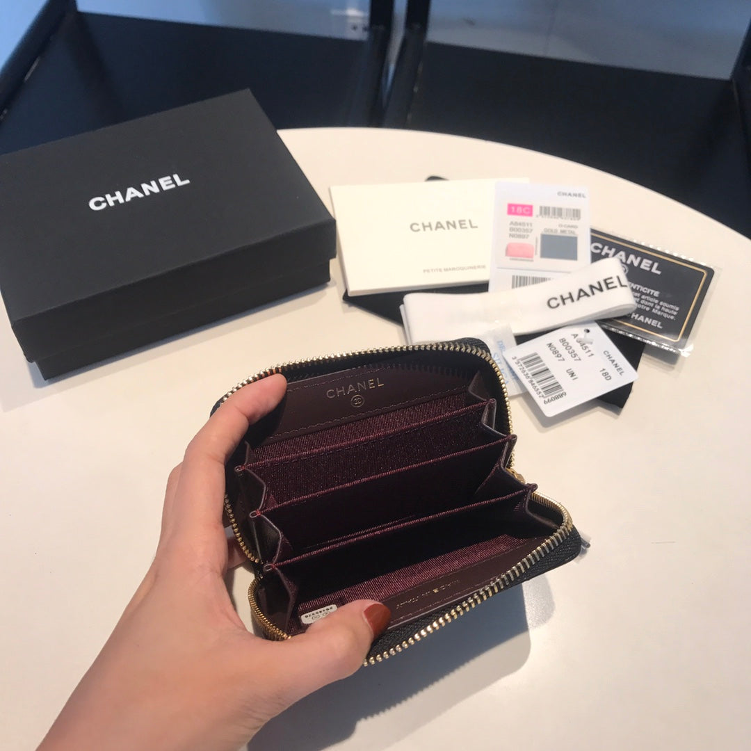 CC ジップキャビアパース 11 ブラック カーフスキン ゴールドアイコン