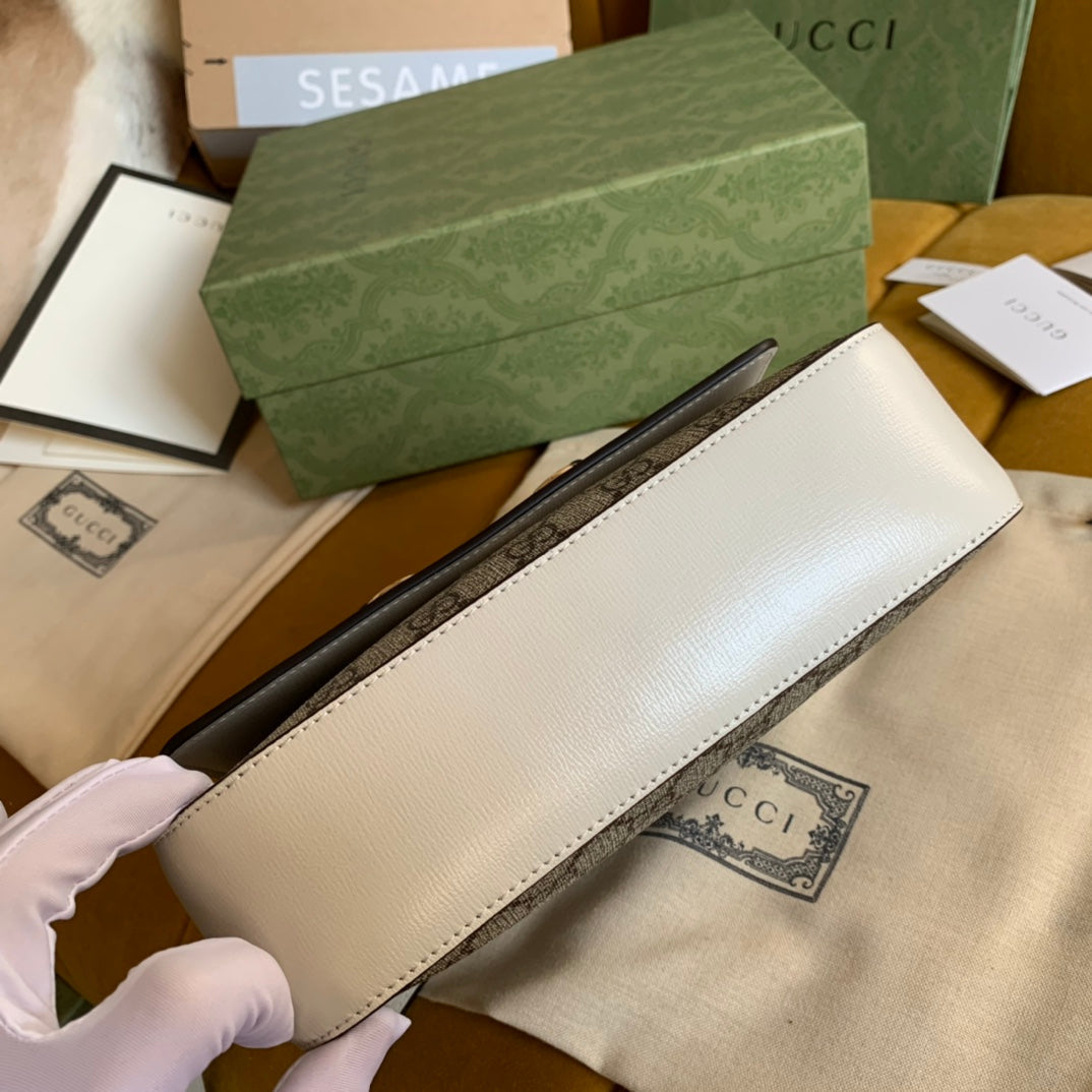 ホースビット 1955 ハンドバッグ 22 ブラウンキャンバスとホワイトカーフスキン