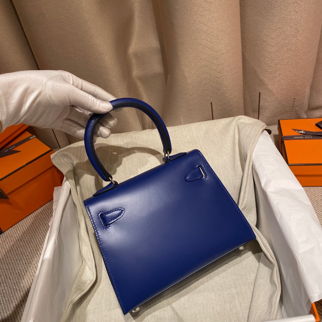 KELLY MINI 20 BAG IN NAVY BLUE SMOOTH CALFSKIN WITH SILVER HARDWARE (MADE-TO-ODER)