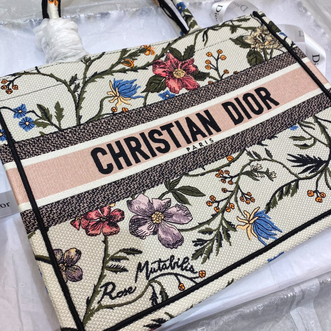 MEDIUM BOOK TOTE BAG 36 IN BEIGE COTTON WITH MULTICOLOR EMBROIDERY