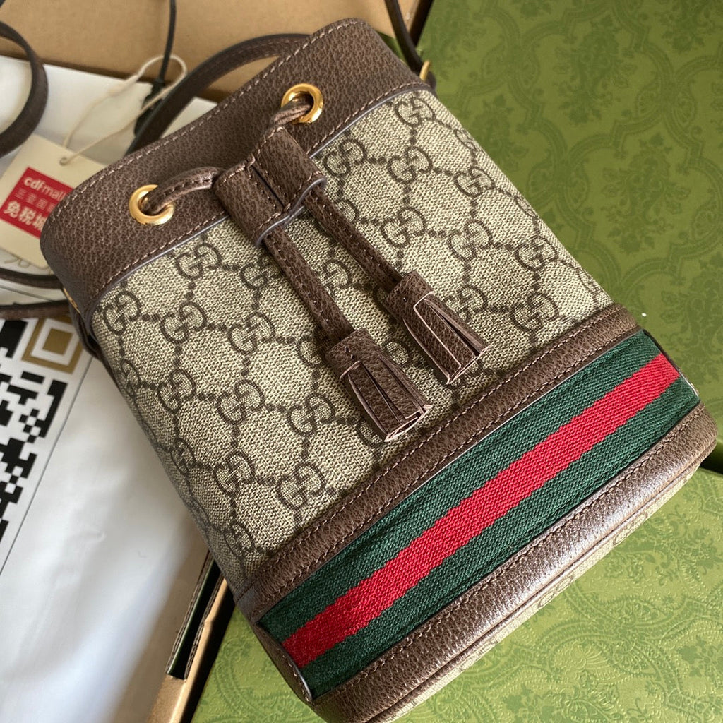 オフィディア ミニ バケットバッグ 18 ウェブ付き ベージュエボニーキャンバス ミックスブラウンカーフスキン