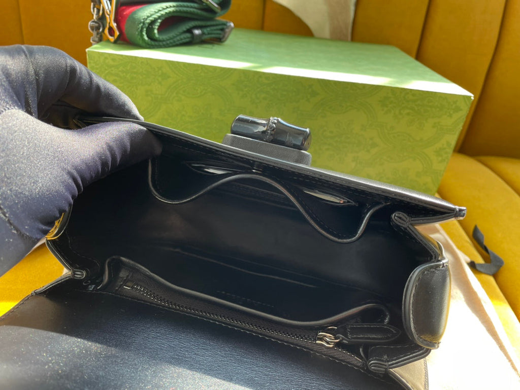 バンブートップハンドルバッグ 21 ブラックカーフスキン