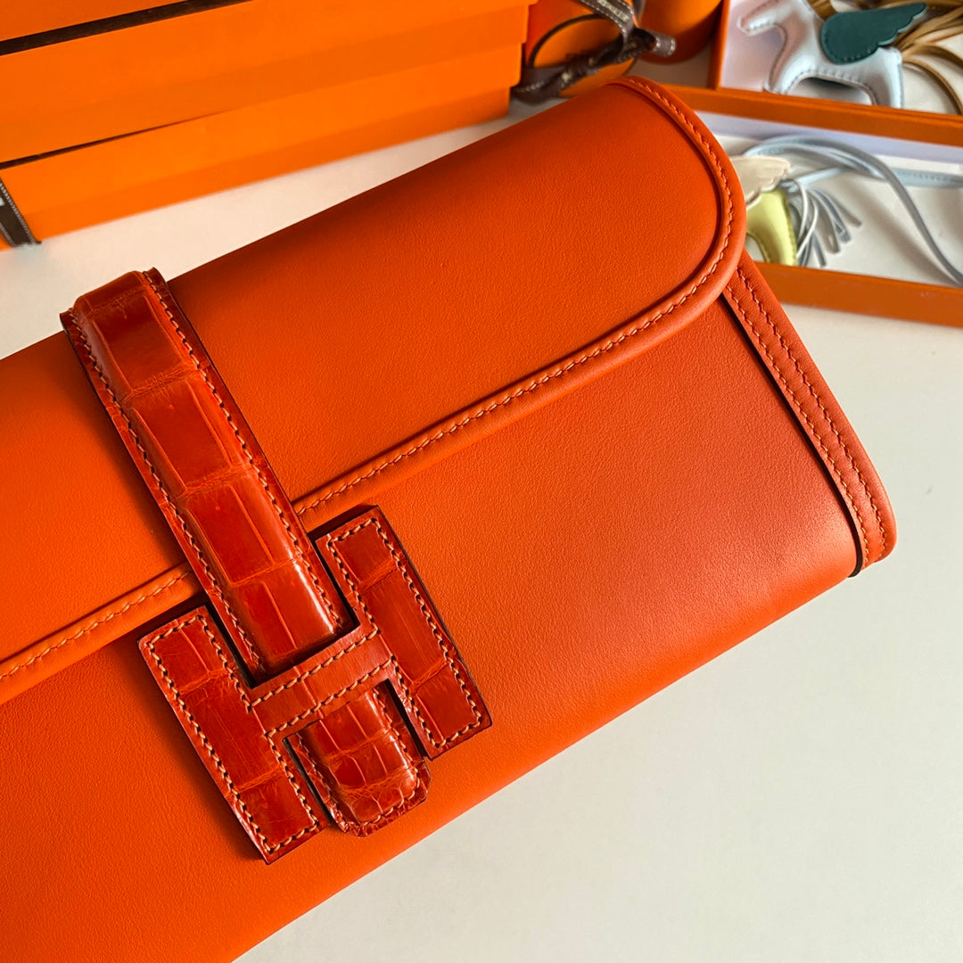 JIGE ELAN 29 CLUTCH IN BRIGHT ORANGE CALFSKIN WITH LIZARD SKIN (MADE-TO-ODER)
