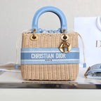 LADY 24 BASKET BAG IN BLUE OBLIQUE JACQUARD MIX BEIGE WICKER