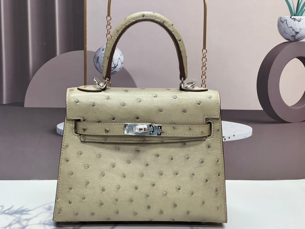 KELLY BAG 20 IN KHAKI TAN OSTRICH LEATHER WITH SILVER HARDWARE (MADE-TO-ODER)